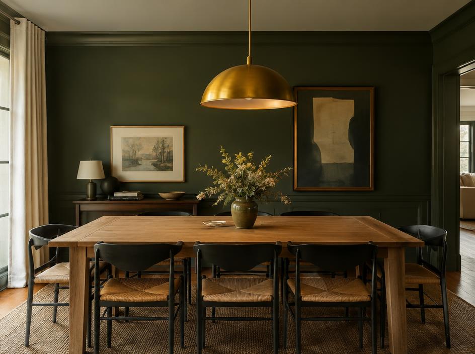 Dark green dining room with brass pendant light and oak table