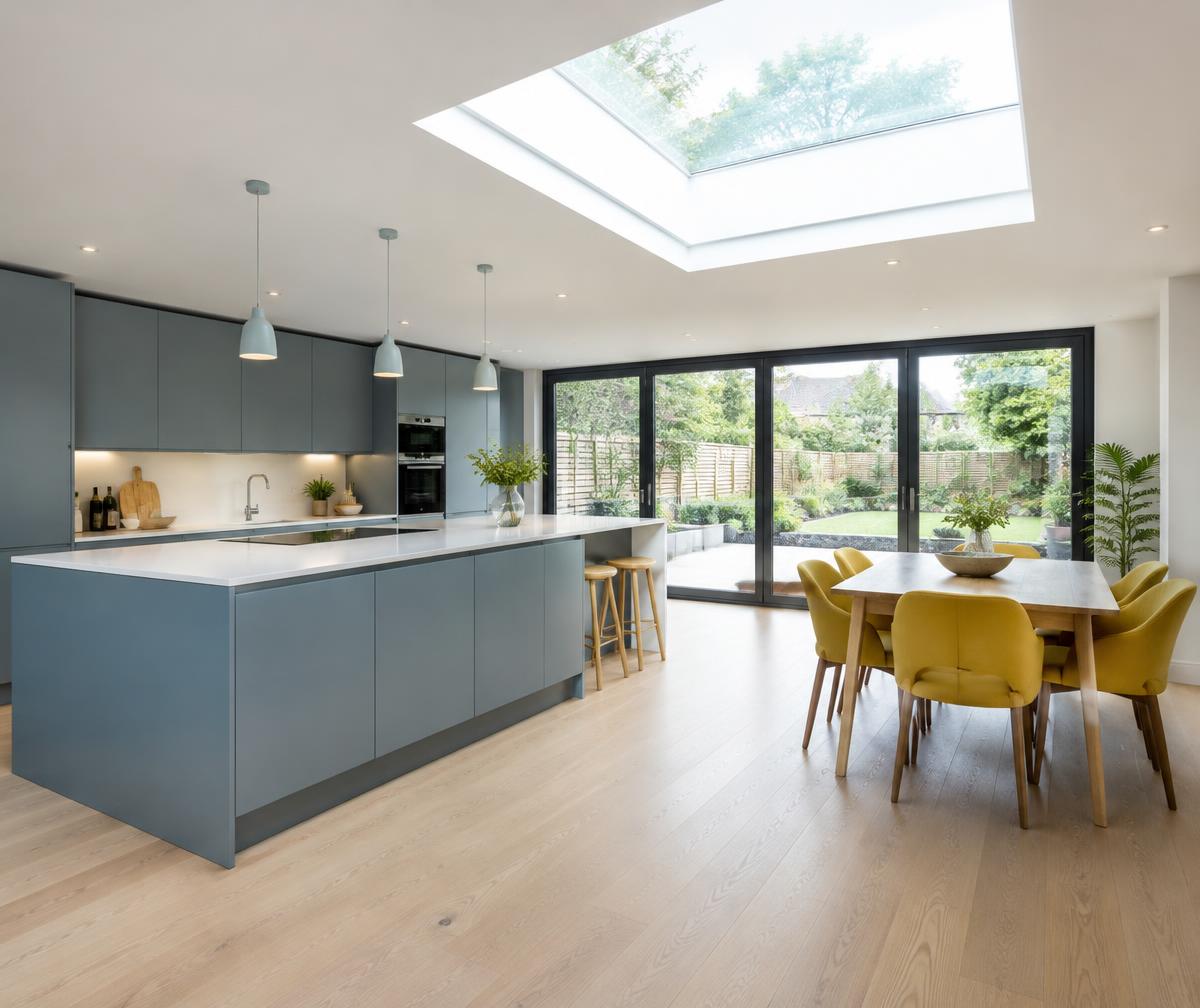 Open plan kitchen with grey-blue island, skylight and yellow dining chairs