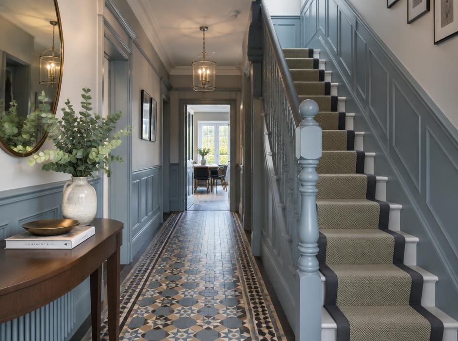 Panelled hallway with tiled floor and staircase