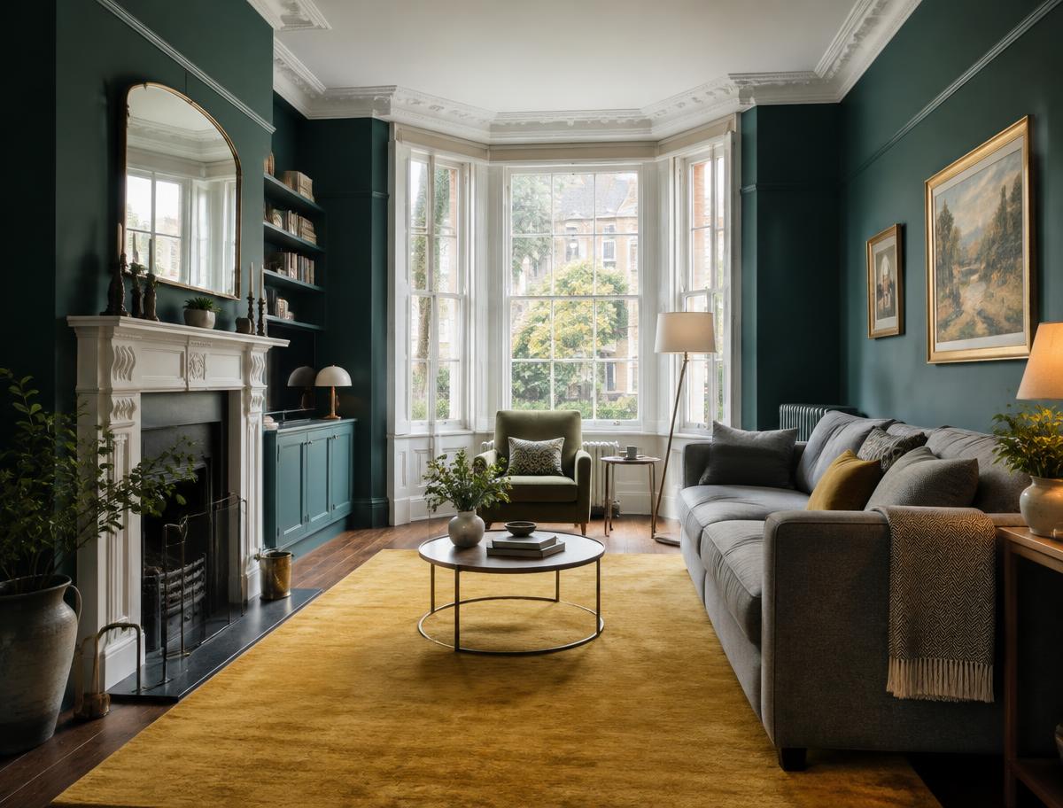 Edwardian living room with teal walls and a mustard rug