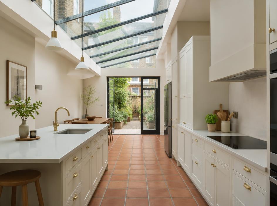 Side return kitchen extension with glazed roof and terracotta floor