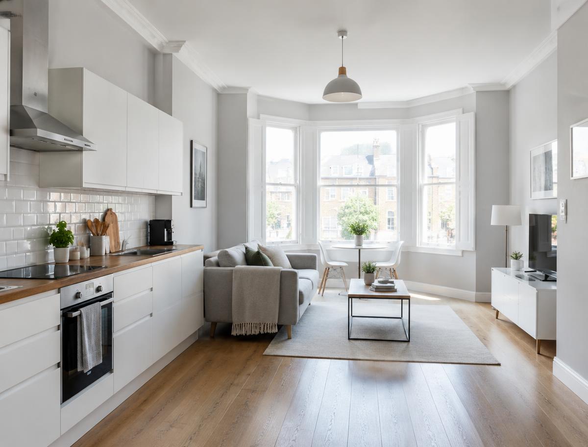 Bright open plan kitchen and living room in a Tulse Hill flat