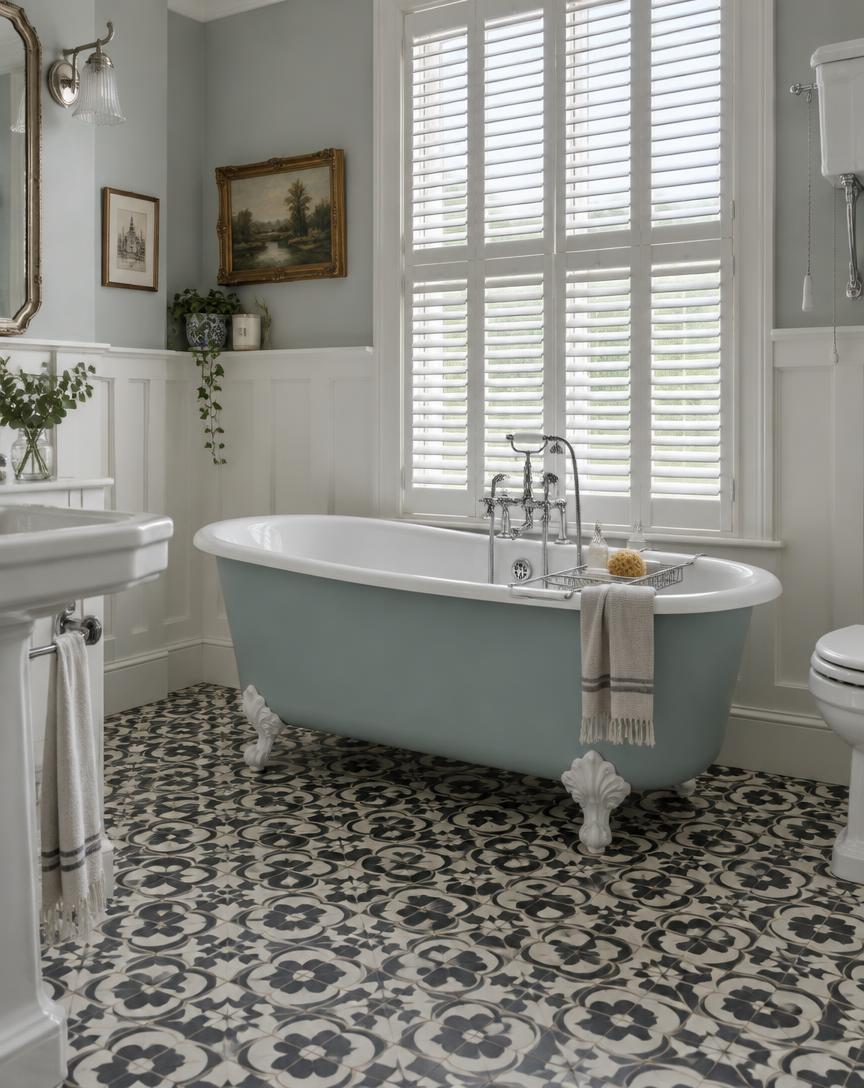 Bathroom with blue roll top bath and patterned floor tiles